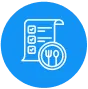 blue circle featuring a checklist alongside a fork and knife
