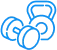 blue icon featuring a kettlebell and a dumbbell