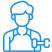 blue line icon depicting a man holding a tool