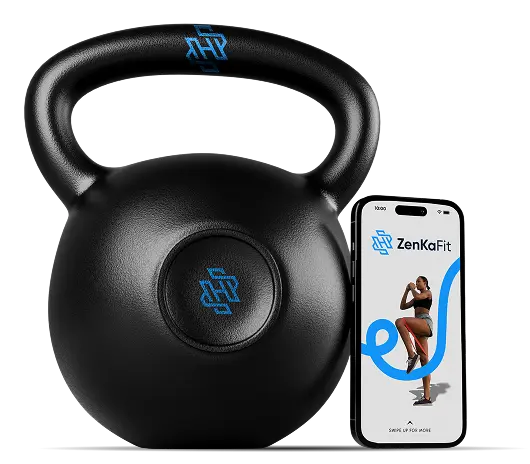 kettlebell sits beside an iPhone and a traditional phone on a flat surface
